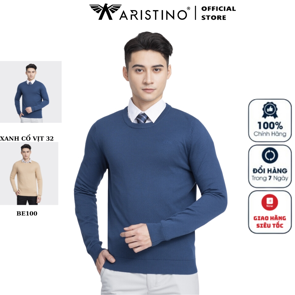 Áo Len Nam Aristino AWO002W3 dáng regular fit suông vừa cổ tròn trơn màu dệt ngang trước ngực chất acrylic cotton nhẹ ấm