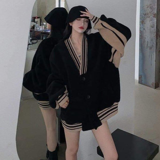 Áo khoác cardigan dạ phối len, áo cardigan cổ v raglan màu đen basic tay bồng form rộng