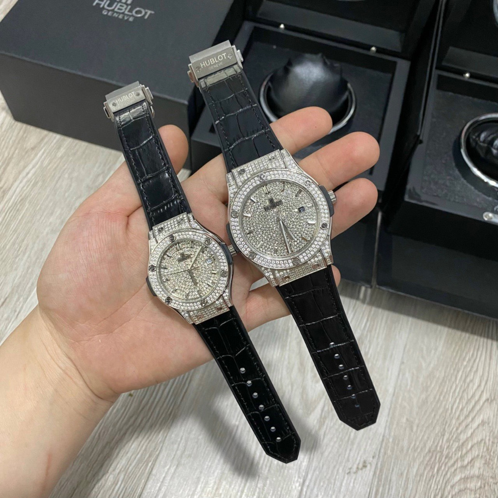 Đồng hồ Hu-blot Nam cao cấp vành đá mặt đá đá vỏ trắng mặt trắng chạy cơ automatic dây cao su, dây da 42mm