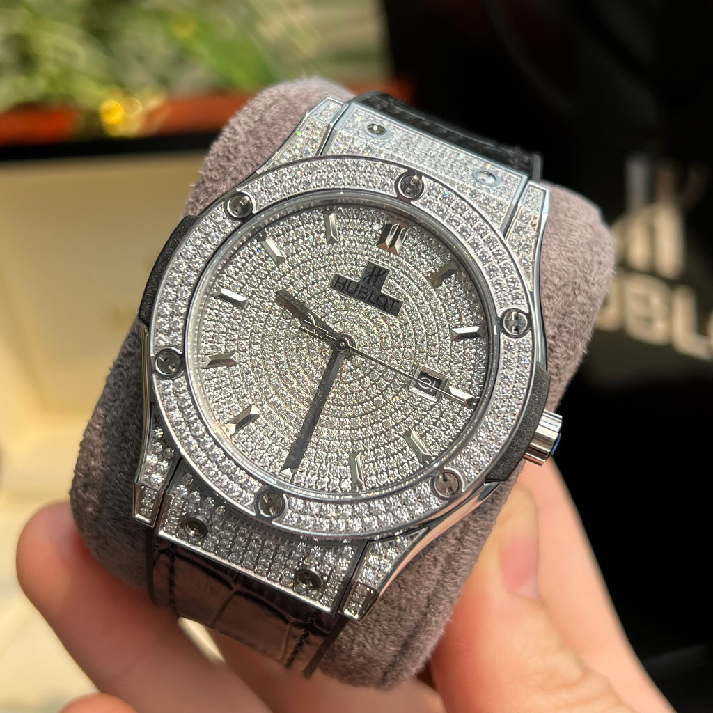 Đồng hồ Hu-blot Nam cao cấp vành đá mặt đá đá vỏ trắng mặt trắng chạy cơ automatic dây cao su, dây da 42mm