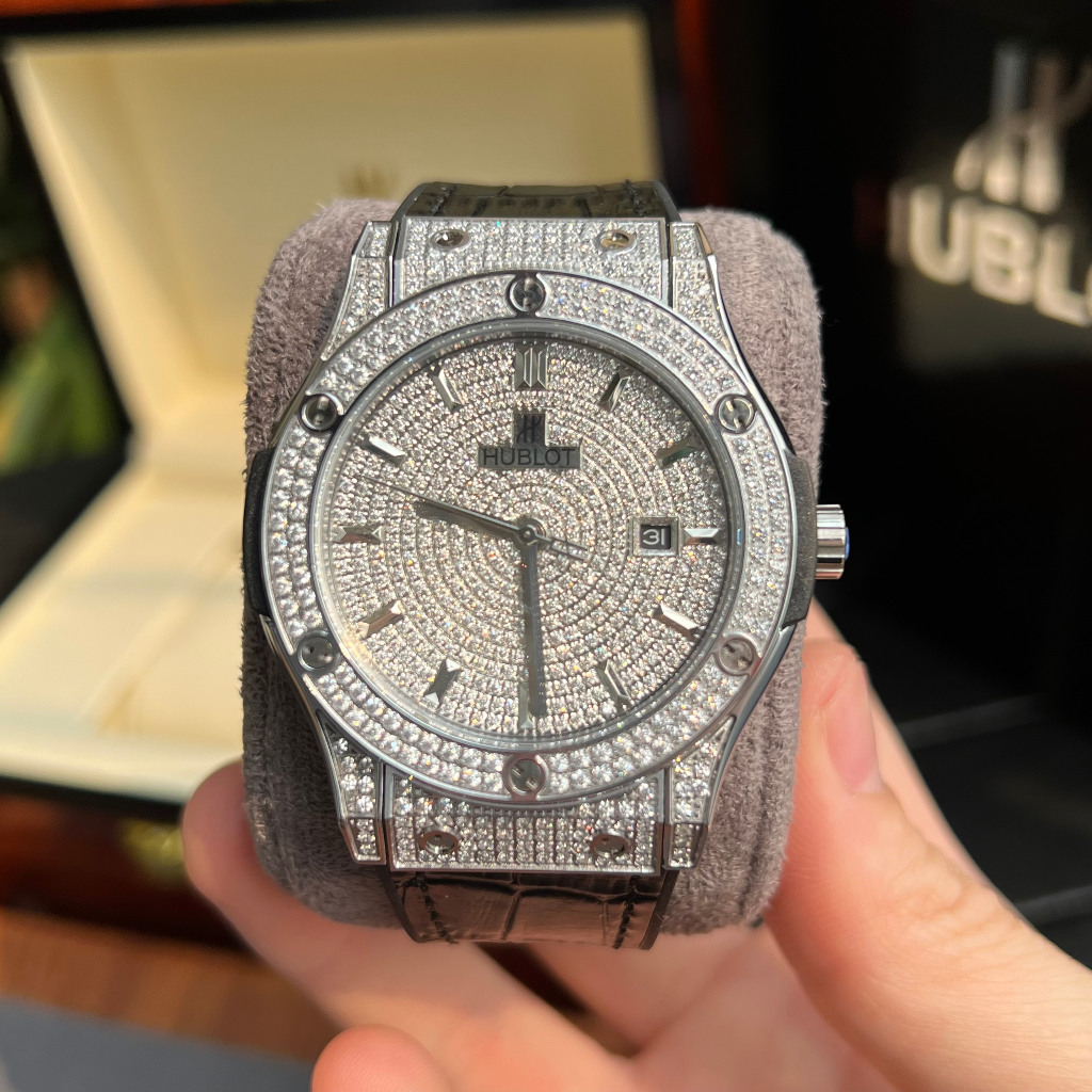 Đồng hồ Hu-blot Nam cao cấp vành đá mặt đá đá vỏ trắng mặt trắng chạy cơ automatic dây cao su, dây da 42mm