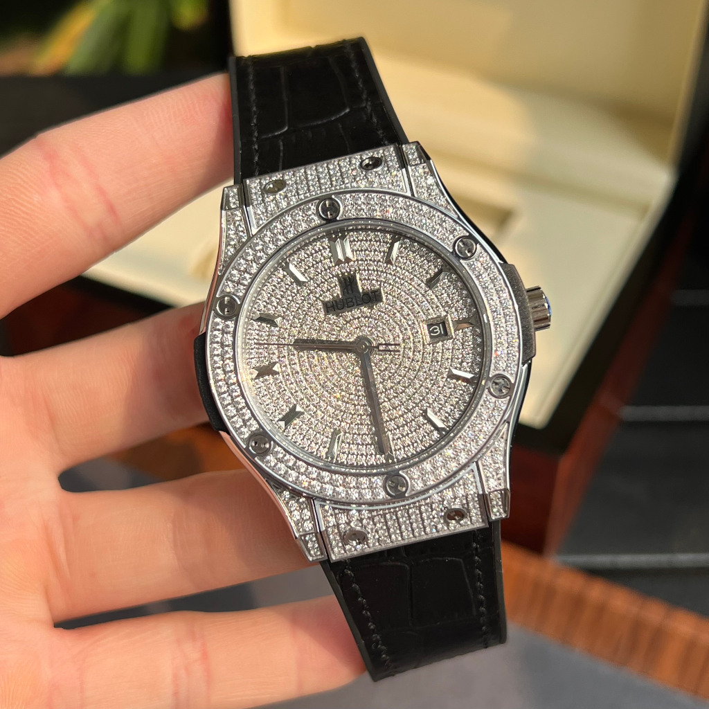 Đồng hồ Hu-blot Nam cao cấp vành đá mặt đá đá vỏ trắng mặt trắng chạy cơ automatic dây cao su, dây da 42mm