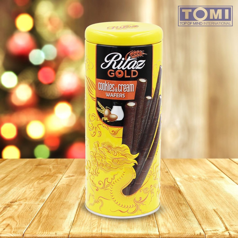 Bánh quế socola Ritaz Gold lon thiếc gói quà tết 2024 siêu đẹp