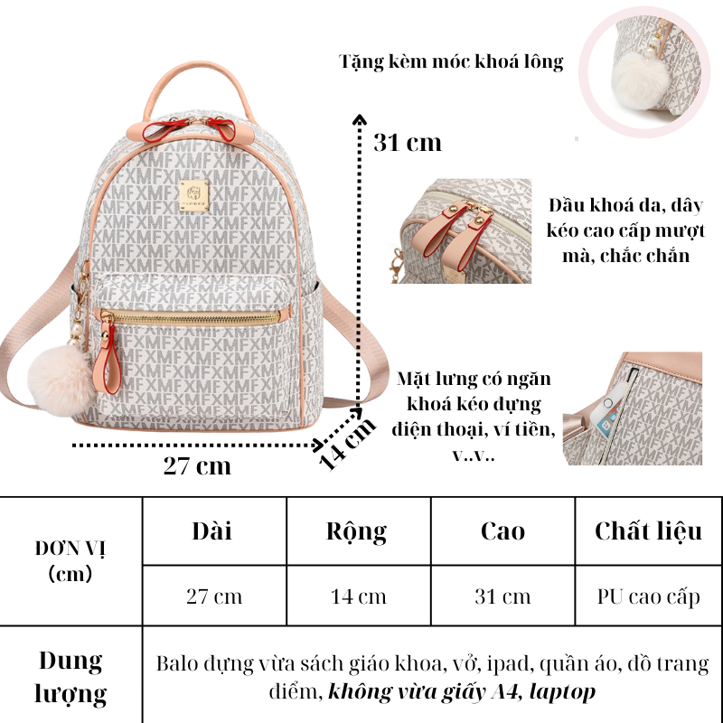 Balo da Đi Học Balô Da Thời Trang Nữ Ba lo Lv Da Pu Cao Cấp Cặp Đi Học Ulzzang chống nước dễ thương CATTIE CB003