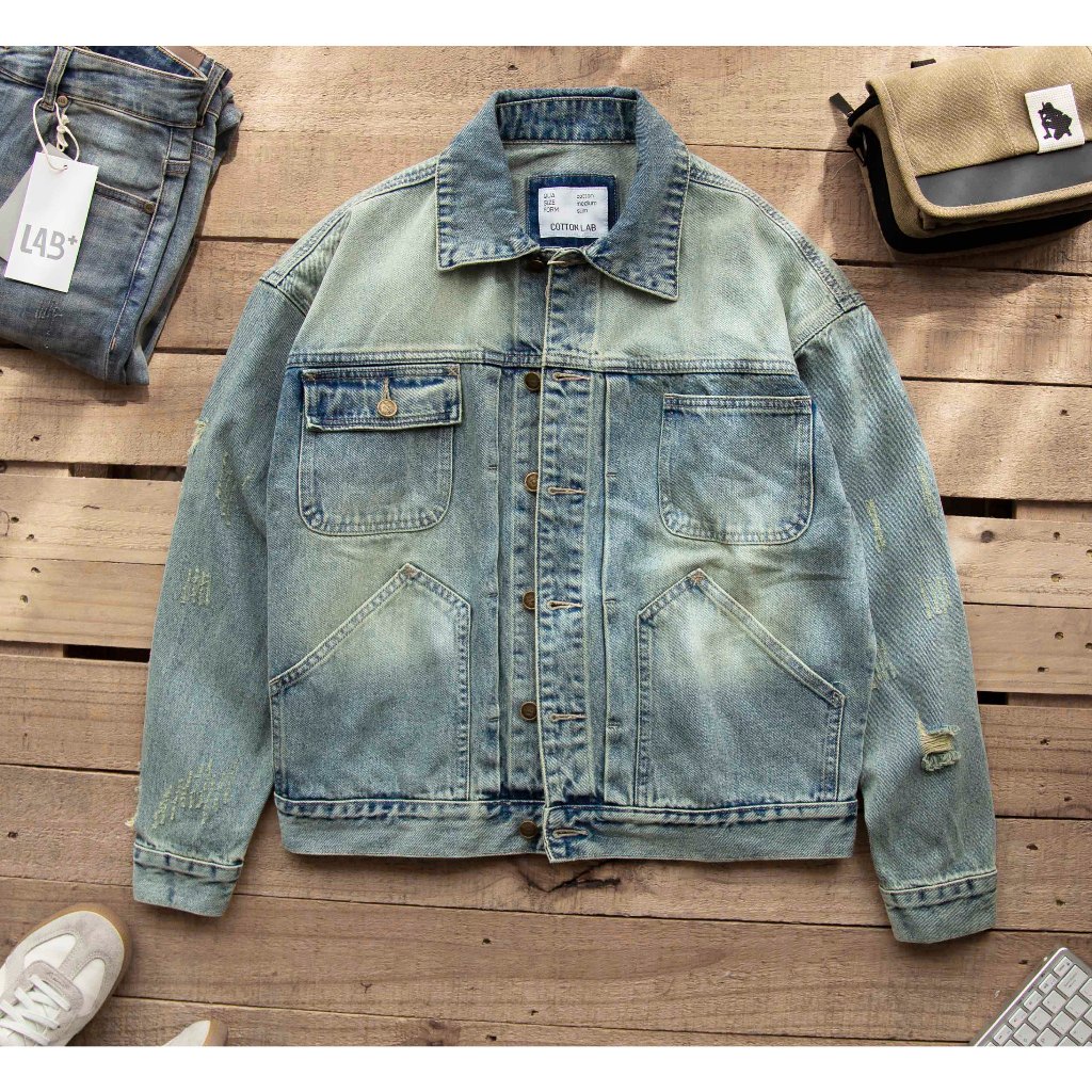 Áo khoác jean nam LAB+ COTTONLAB màu xanh wash vải Denim form crop - LAB230903