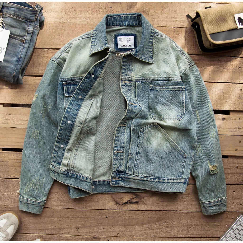 Áo khoác jean nam LAB+ COTTONLAB màu xanh wash vải Denim form crop - LAB230903