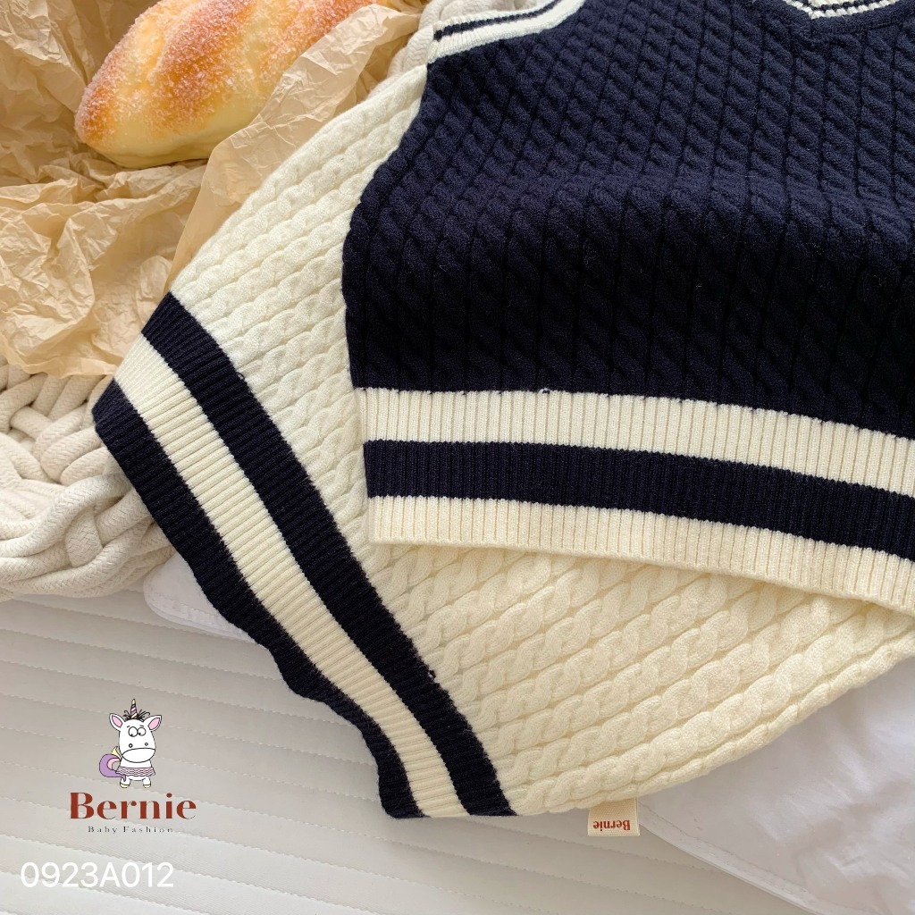 Áo gile len thừng phối viền phong cách Hàn Quốc, áo gile bé trai hàng Bernie