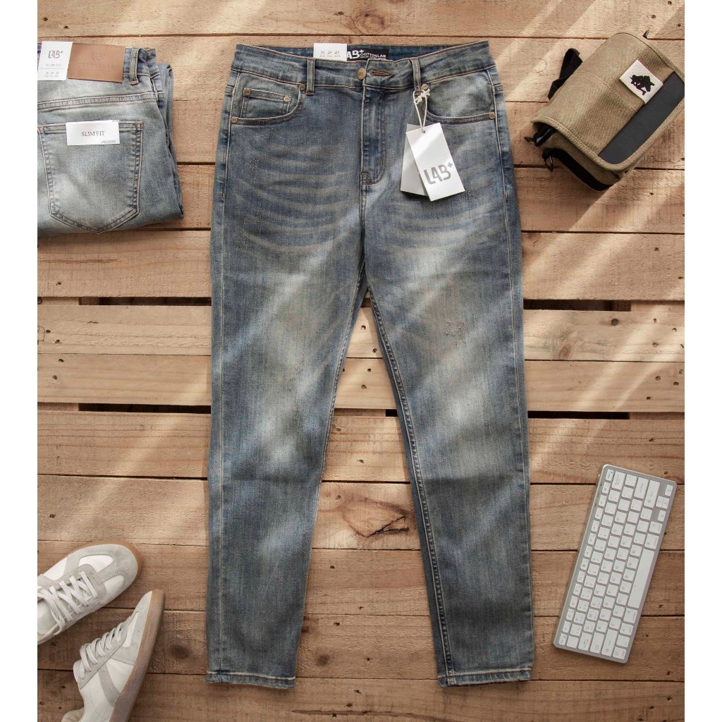 Quần jean nam LAB+ COTTONLAB quần bò nam màu xanh wash chất co giãn cao cấp from slimfit -LAB230902