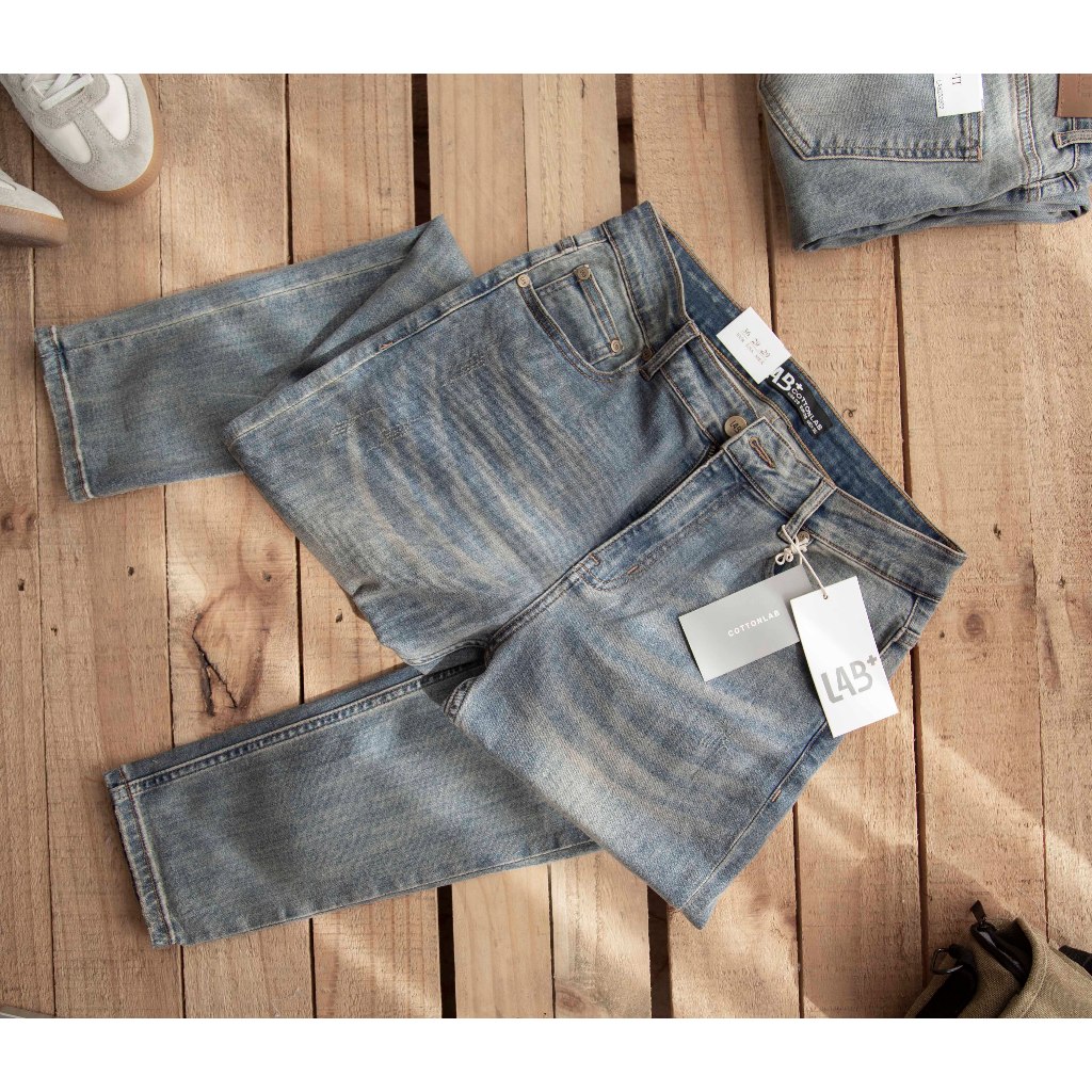 Quần jean nam LAB+ COTTONLAB quần bò nam màu xanh wash chất co giãn cao cấp from slimfit -LAB230902