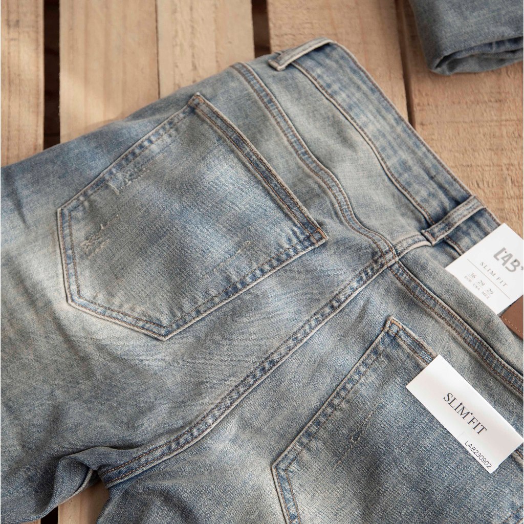 Quần jean nam LAB+ COTTONLAB quần bò nam màu xanh wash chất co giãn cao cấp from slimfit -LAB230902