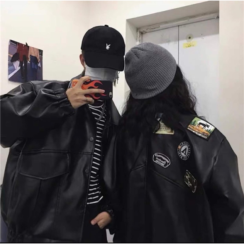 Áo Khoác Da Thêu Logo, Áo Khoác Bomber Da Unisex Nam Nữ Tay Bồng Form Dáng Rộng có túi Ulzzang