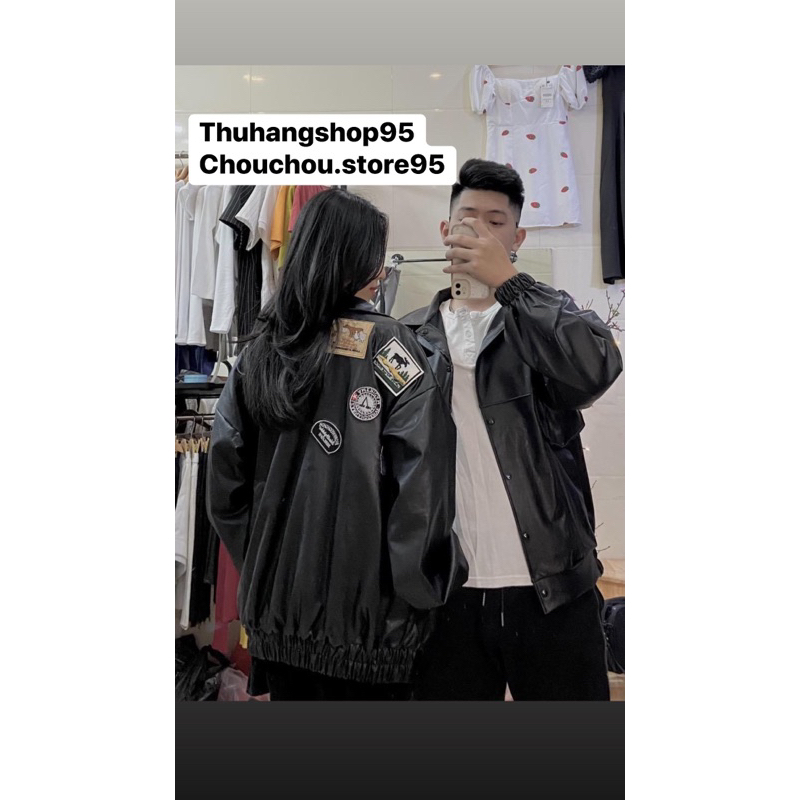 Áo Khoác Da Thêu Logo, Áo Khoác Bomber Da Unisex Nam Nữ Tay Bồng Form Dáng Rộng có túi Ulzzang