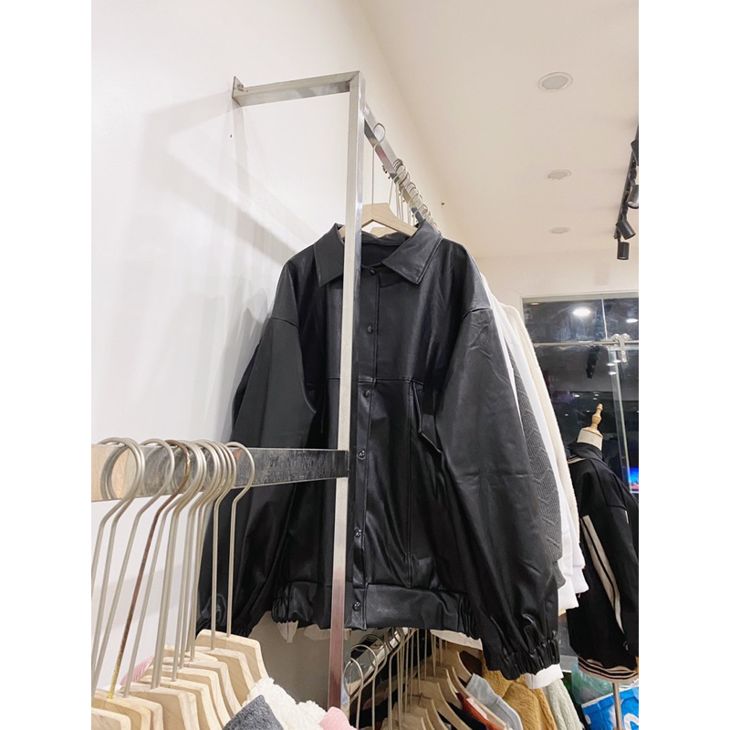 Áo Khoác Da Thêu Logo, Áo Khoác Bomber Da Unisex Nam Nữ Tay Bồng Form Dáng Rộng có túi Ulzzang