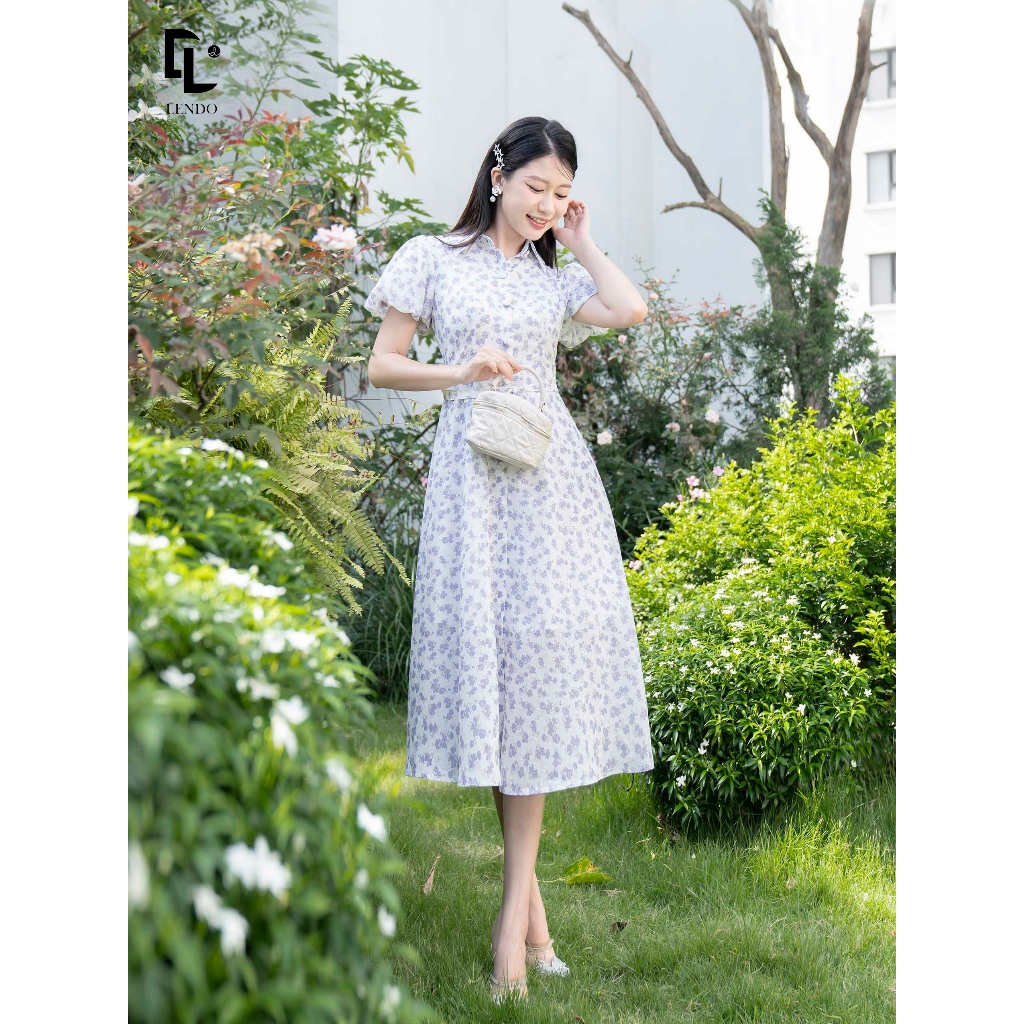 Váy hoa nhí đai eo cổ sơ mi LENDO V230531