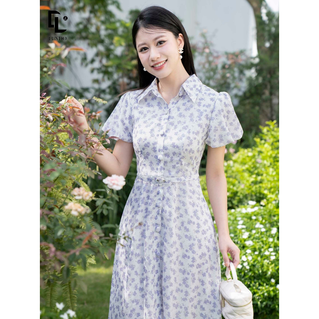 Váy hoa nhí đai eo cổ sơ mi LENDO V230531