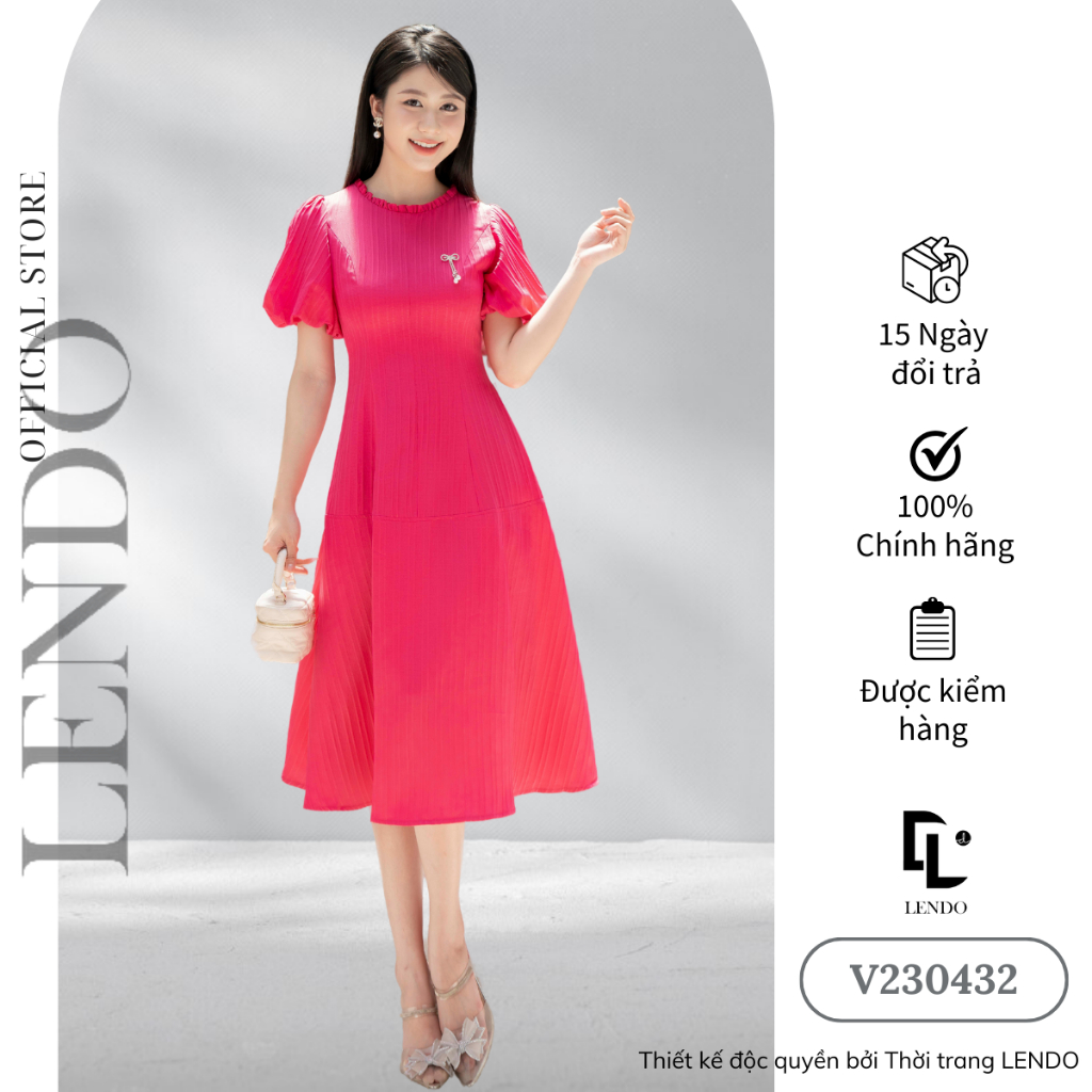 Đầm Xòe Cổ Tròn Tay Chuông Tag Nơ LENDO V230432