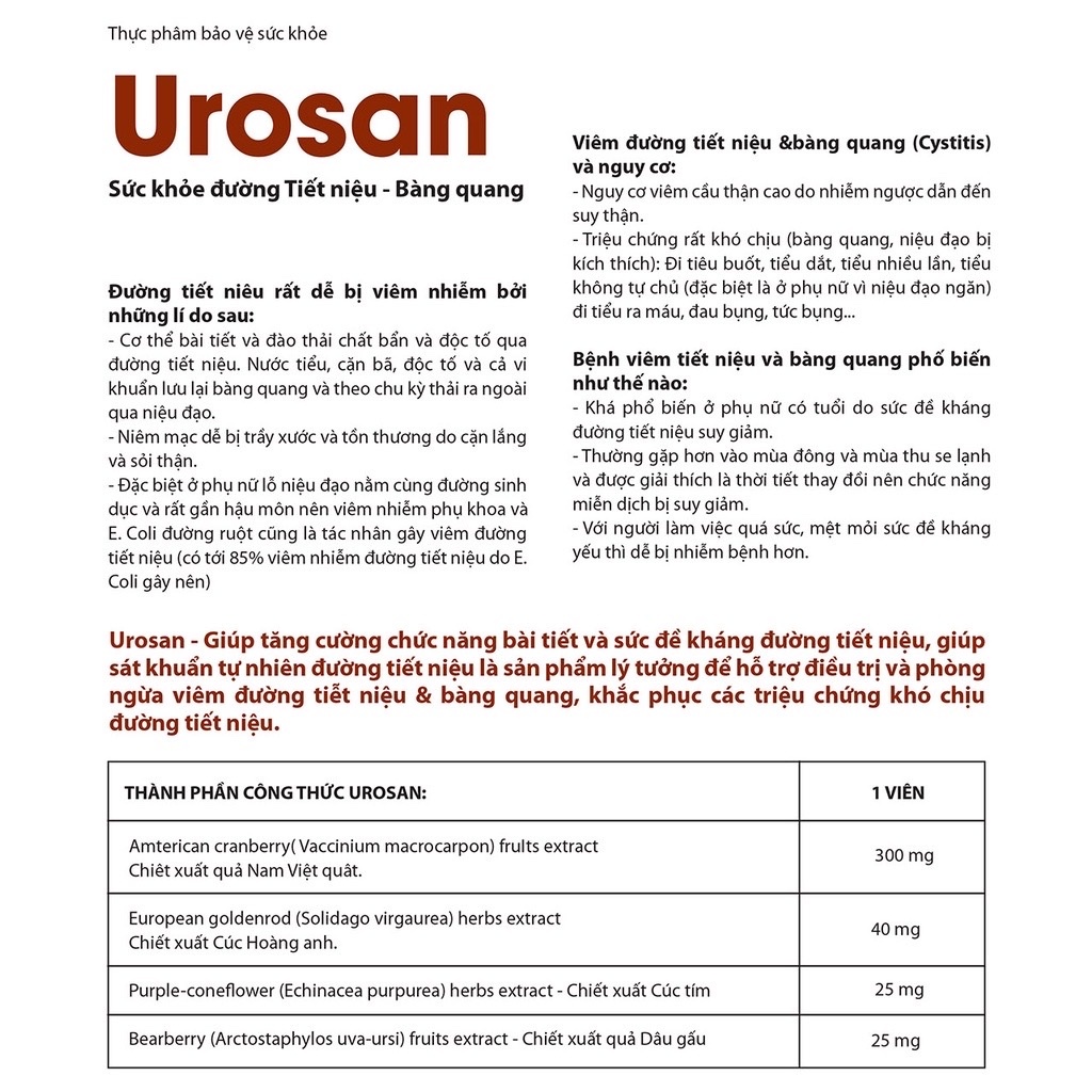 Viên uống giảm viêm đường tiết niệu UROSAN hộp 30 viên - Hỗ trợ tiểu đêm, tiểu buốt, giảm viêm bàng quang
