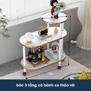 Bàn sofa Pehouse 3 tầng để văn phòng, phòng khách mặt bàn bằng gỗ khung kim loại chân có bánh xe