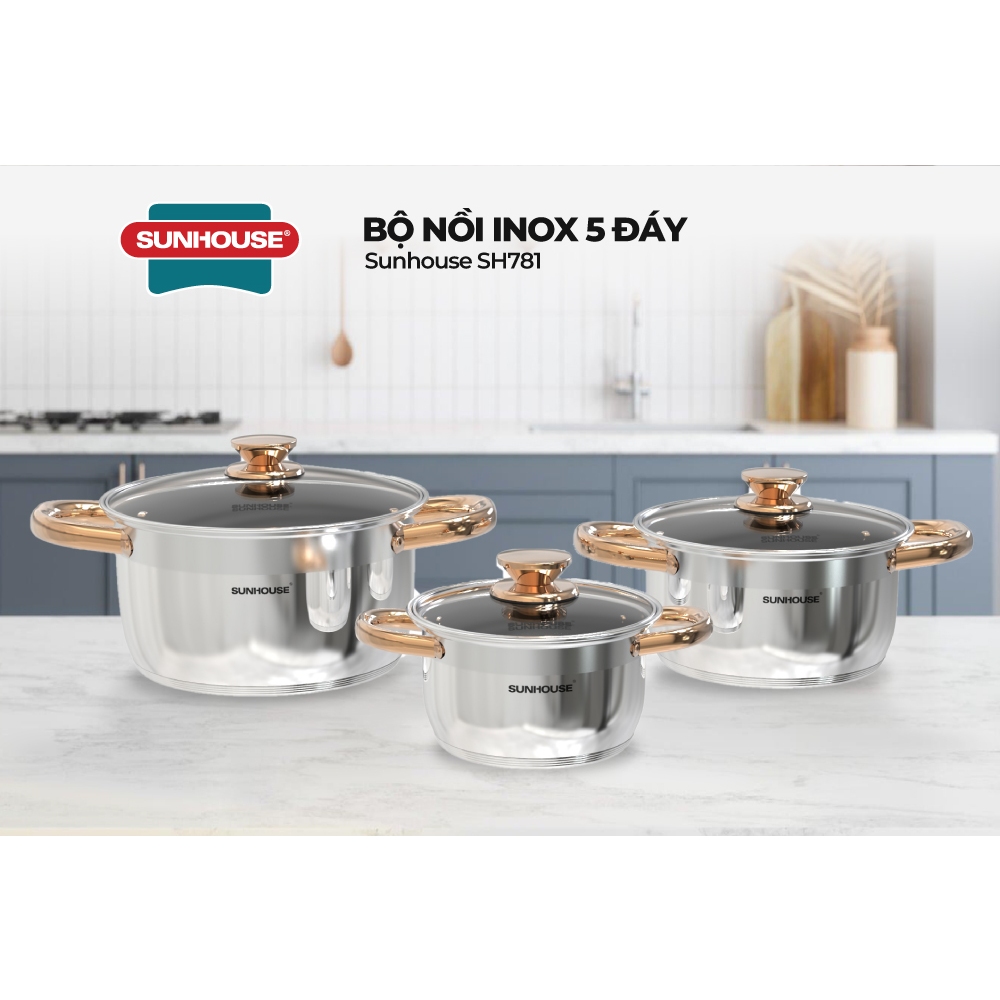 Bộ nồi inox 5 đáy Sunhouse SH781 size 16cm-20cm-24cm | Đáy từ dùng mọi loại bếp | 5 lớp đáy, truyền nhiệt nhanh