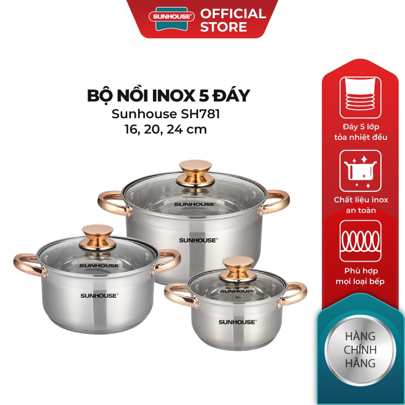 Bộ nồi inox 5 đáy Sunhouse SH781 size 16cm-20cm-24cm | Đáy từ dùng mọi loại bếp | 5 lớp đáy, truyền nhiệt nhanh