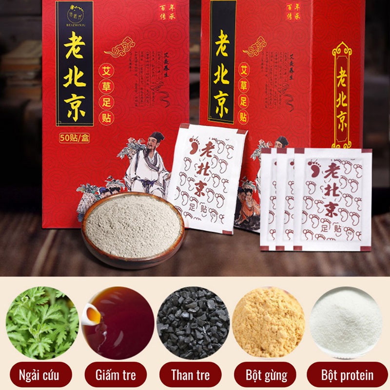 Hộp 50 Miếng Dán Chân Thải Độc Cơ Thể Hiệu Ông Già Bắc Kinh, Cao Dán Ngải Cứu Thải Độc Chân Cải Thiện Giấc Ngủ Đẹp Da.