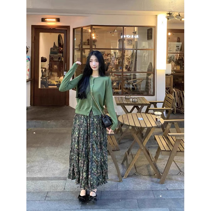 Set áo len cardigan chân váy hoa dài có lớp lót phong cách retro QCL1 video/ảnh thật shop tự chụp