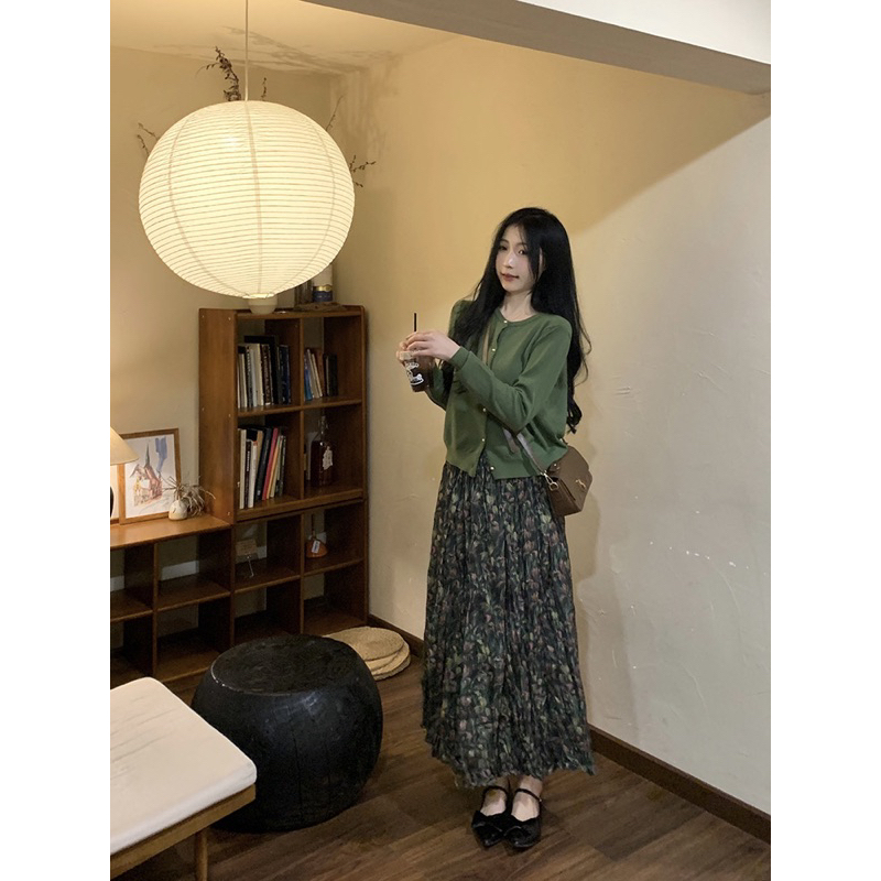 Set áo len cardigan chân váy hoa dài có lớp lót phong cách retro QCL1 video/ảnh thật shop tự chụp