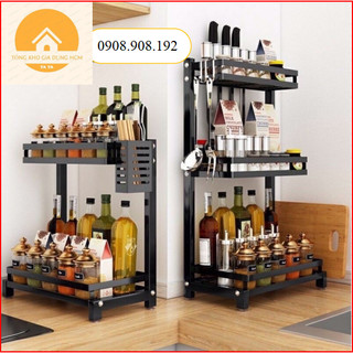 Kệ đựng gia vị nhà bếp 2 - 3 tầng, Kệ bếp để gia vị sơn tĩnh điện có ống cắm đũa và giá để dao thớt
