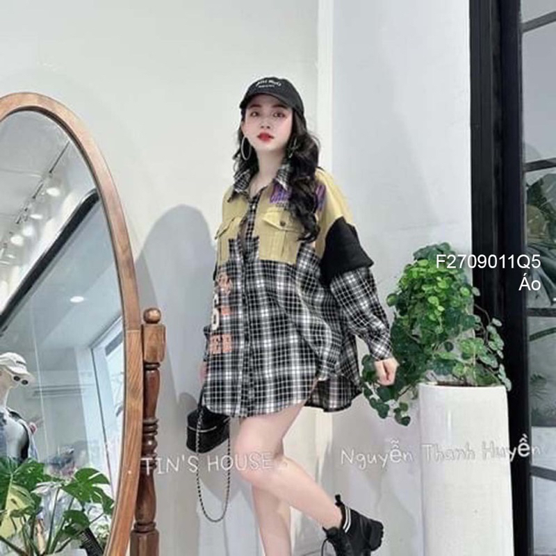 Áo sơ mi kẻ caro phối vàng ngực đắp 2 túi nắp tay dài 0923 thaotranshop90 [kèm ảnh thật chụp sàn]