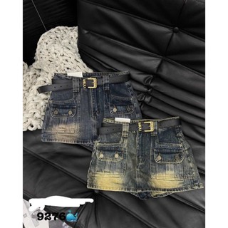 Chân váy mini denim jeans họa tiết túi hộp trước kèm belt khóa gài QCL1 LuciK Shop 9276 CV0040