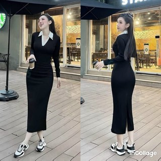 Váy đầm body tay dài phối cổ sơ mi xẻ tà sau kiểu dáng xinh xắn trẻ trung