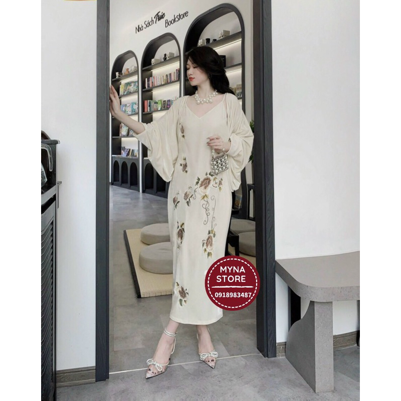 Set váy nhung thêu 2 dây mix áo choàng.