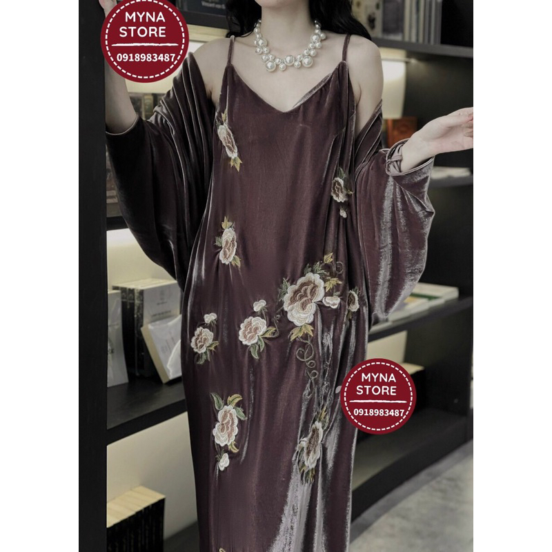 Set váy nhung thêu 2 dây mix áo choàng.