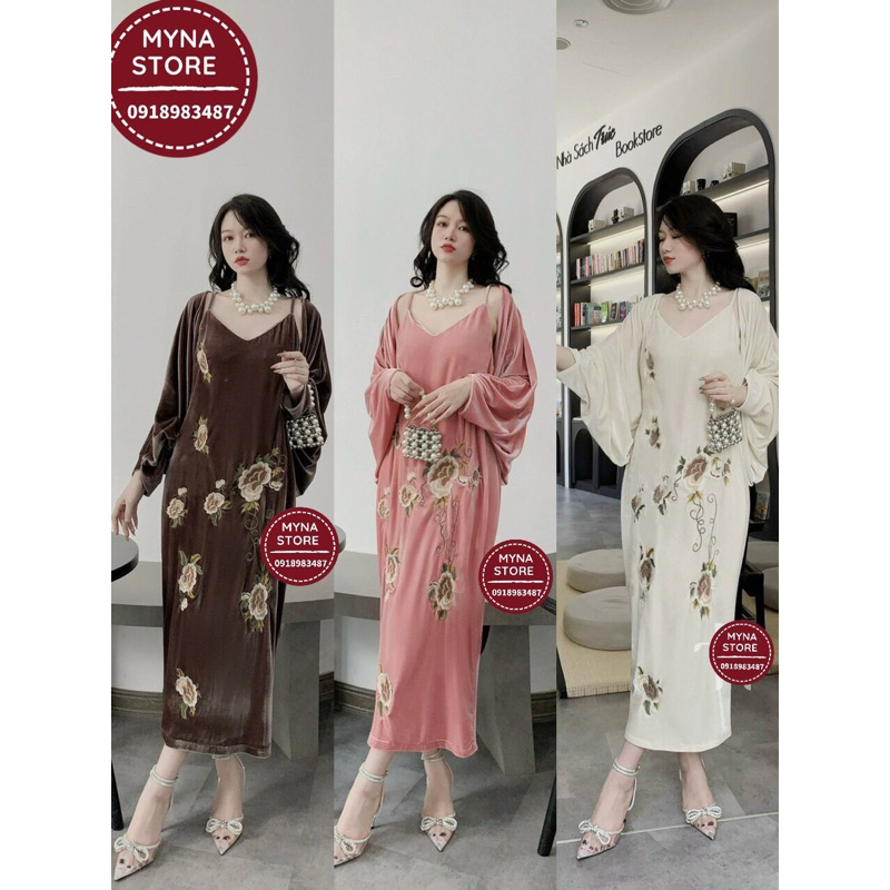 Set váy nhung thêu 2 dây mix áo choàng.