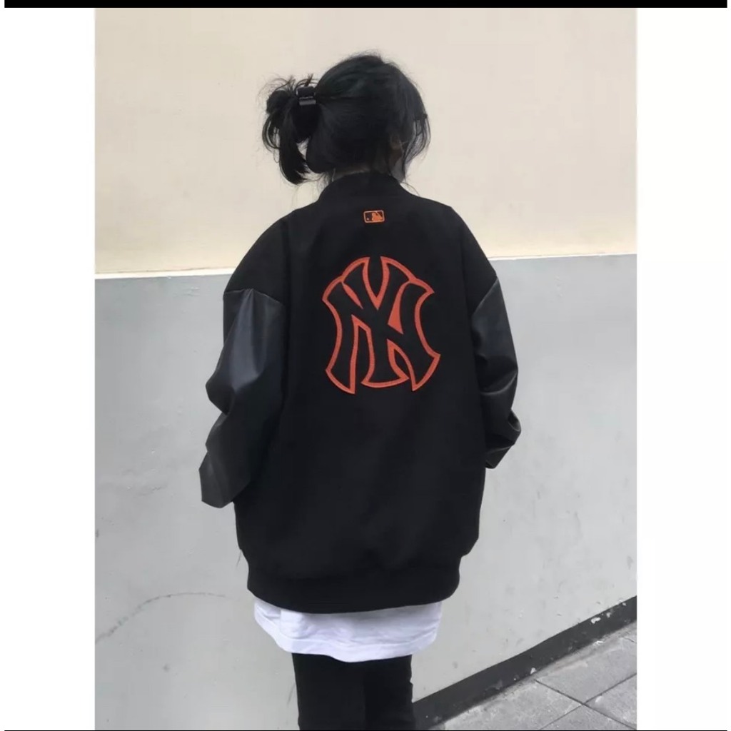 Áo varsity jacket MLB NY Chất Dạ Dày Dặn Phối Tay Da Cao Cấp-Áo Bomber NY Form Chuẩn Nam Nữ