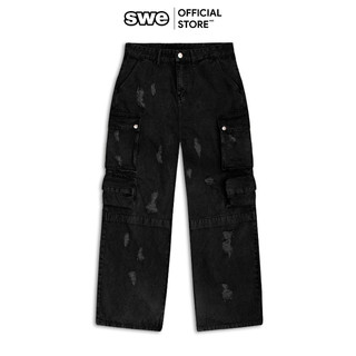 Quần Cargo Ống Rộng Nam/ Nữ SWE RIPPED CARGO JEANS - Đen