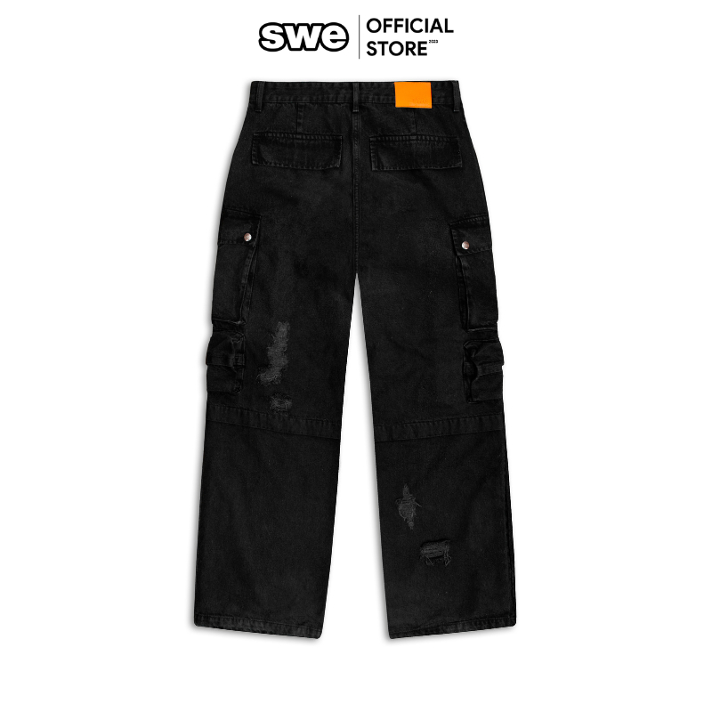 Quần Cargo Ống Rộng Nam/ Nữ SWE RIPPED CARGO JEANS - Đen