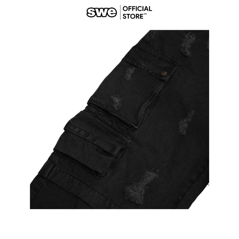 Quần Cargo Ống Rộng Nam/ Nữ SWE RIPPED CARGO JEANS - Đen