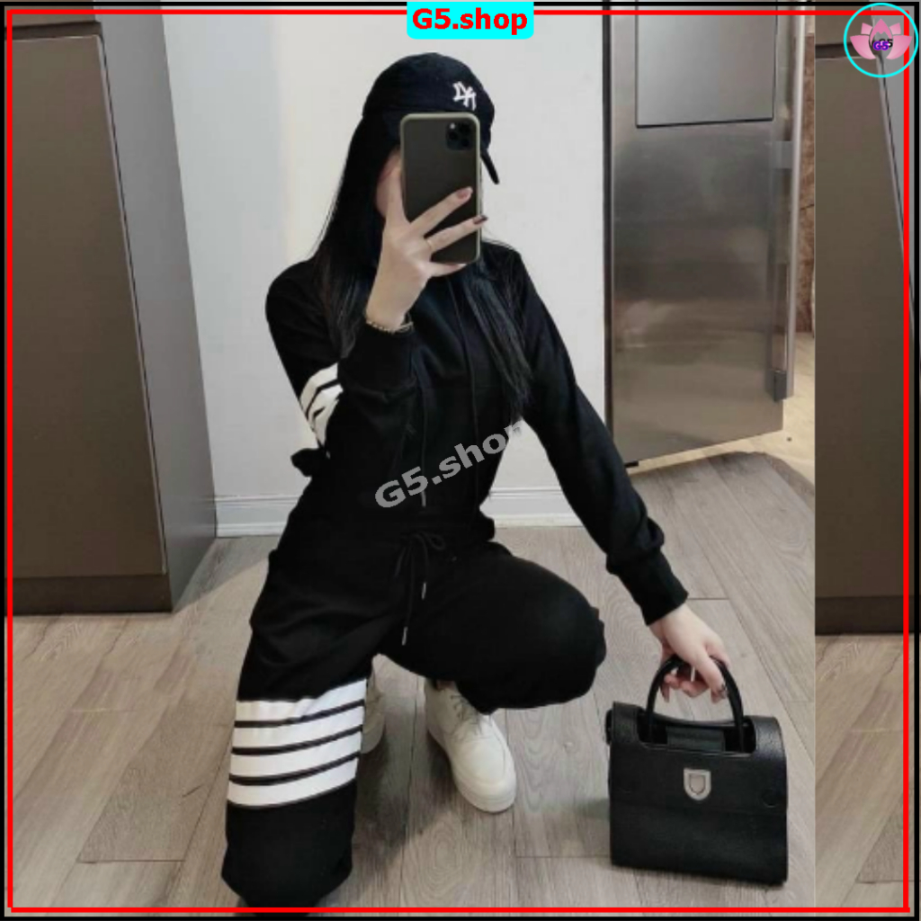 Set đồ nữ dài tay, Bộ nỉ 4 Sọc Thu Đông form rộng unisex áo nỉ mix quần jogger style thể thao Hàn Quốc - g5.shop D0