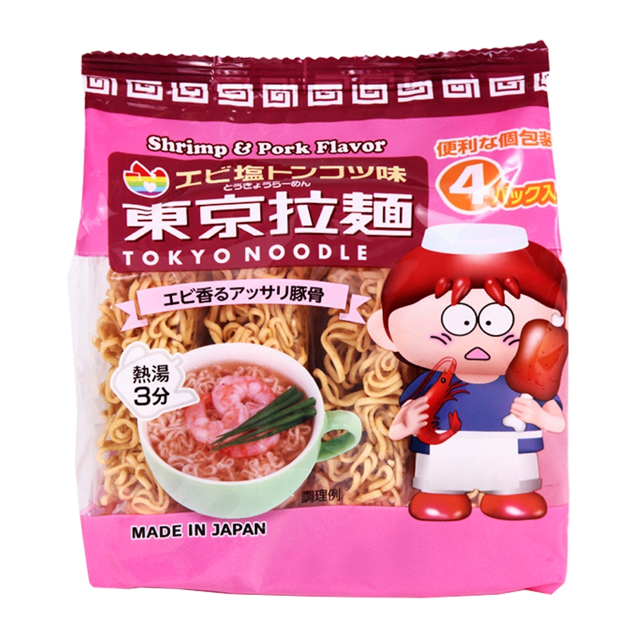 Lốc 4 gói mì ramen ăn liền Tokyo Noodle vị gà và tôm 112g