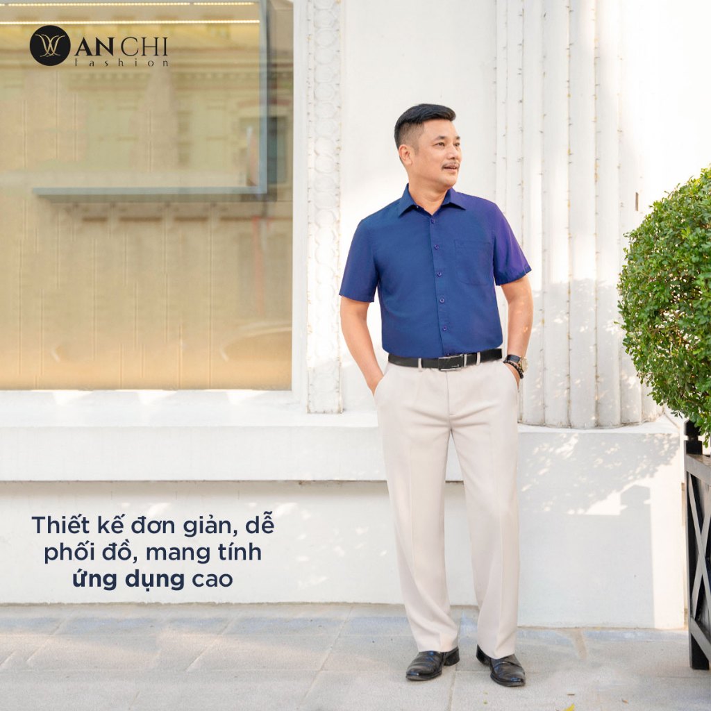Áo Sơ Mi Nam Ngắn Tay Trung Niên ANCHI Classic Cotton Trơn Màu Xanh Than Cao Cấp