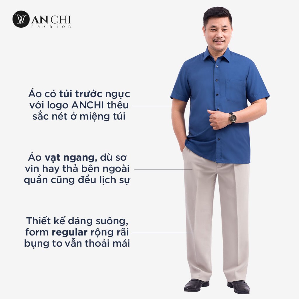 Áo Sơ Mi Nam Ngắn Tay Trung Niên ANCHI Classic Cotton Trơn Màu Xanh Than Cao Cấp