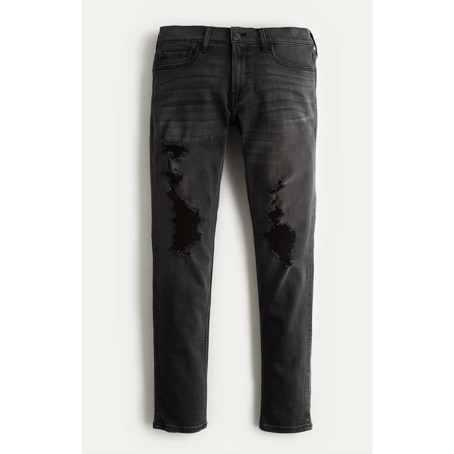 Quần Ripped skinny jeans H0IIister 1 dành cho Nam. Xám Đen Rách nhiều