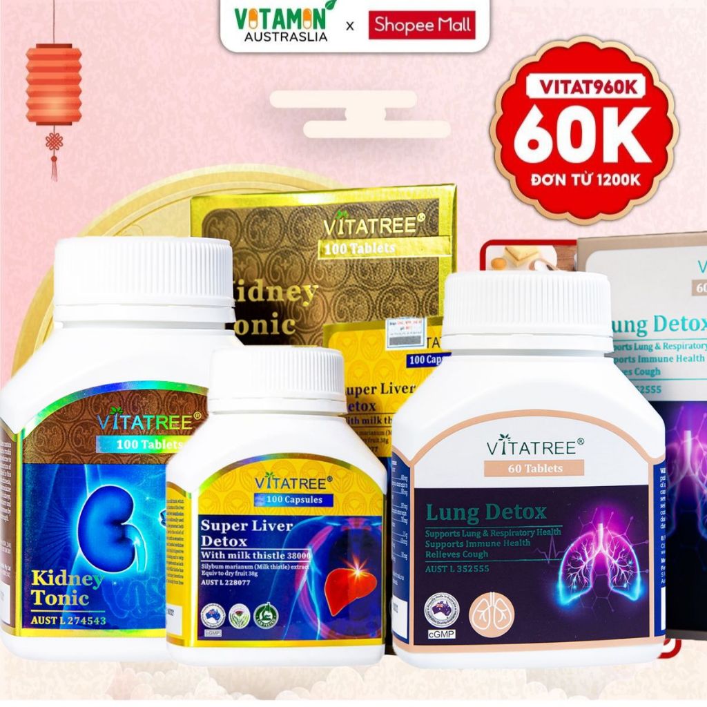 Combo viên uống thải độc gan Super Liver Detox, phổi Lung Detox, bổ thân Kidney Tonic Vitatree