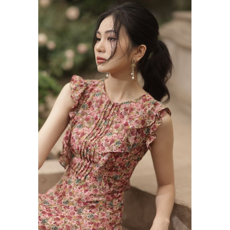 Váy Đầm Hoa Nhí Li Ngực Bèo Vai Nữ Dáng Dài Lụa Voan Cao Cấp LVAS01