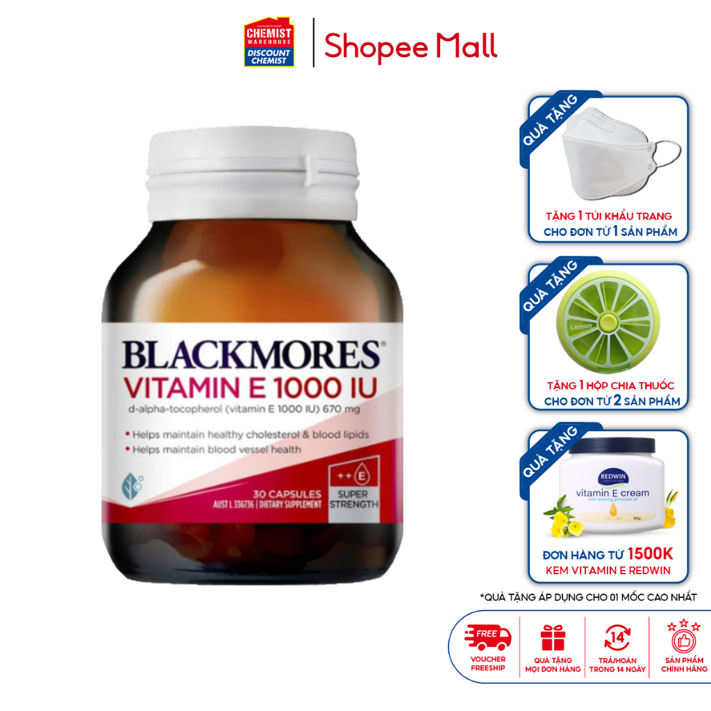 Viên uống bổ sung Vitamin E tự nhiên 1000IU Blackmores Úc giúp dẹp da, đẹp tóc 30 viên