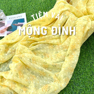 Vải voan ép óng ánh in bông tone vàng rực rỡ mùa xuân