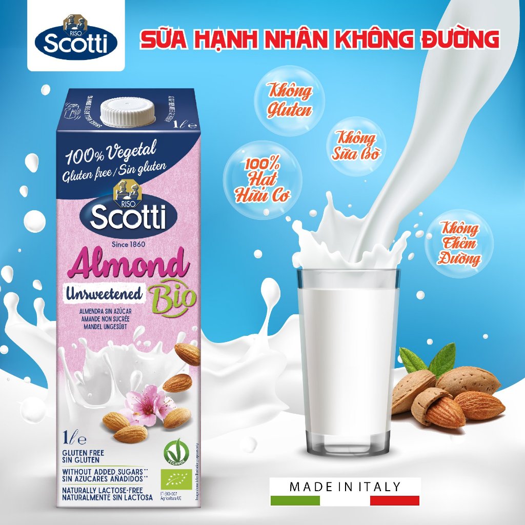 Sữa Hạt Hạnh Nhân Hữu Cơ Không Đường Riso Scotti - BIO Unsweetened Almond Drink - Hộp 1L