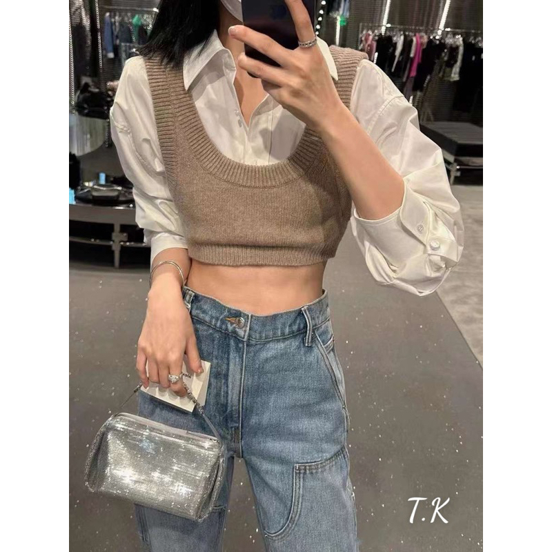 Áo sơ mi phối ghile,áo len liền sơ mi tay dài,áo len ghile mix sơ mi thời trang thu đông