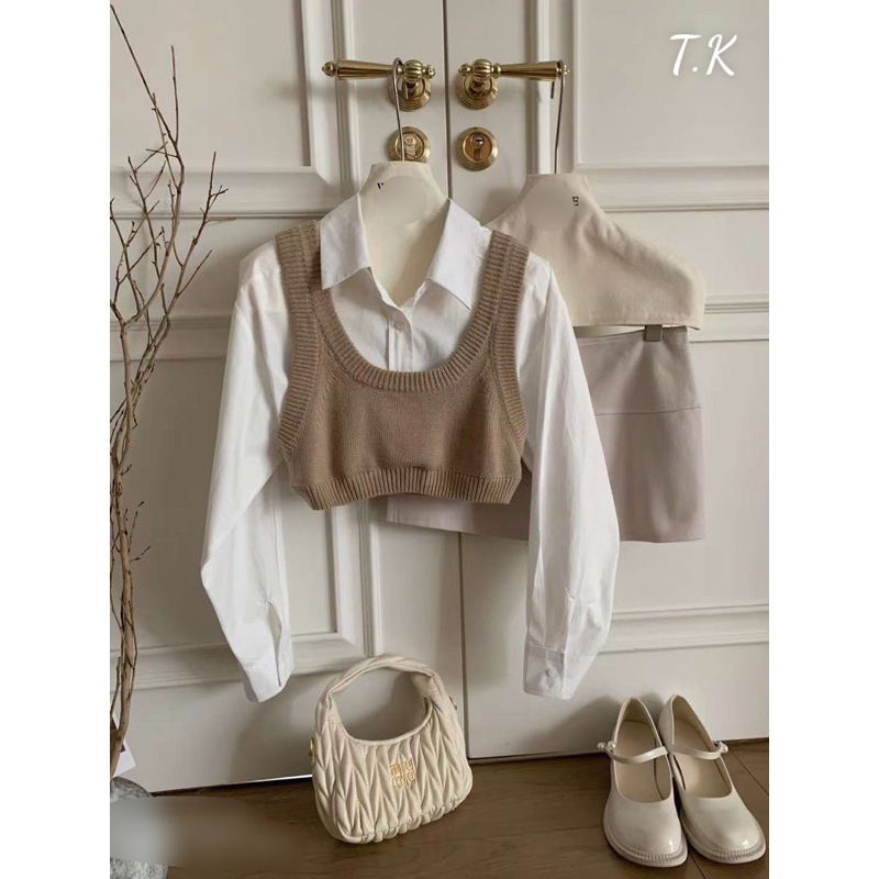 Áo sơ mi phối ghile,áo len liền sơ mi tay dài,áo len ghile mix sơ mi thời trang thu đông